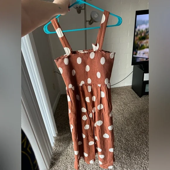 Altar'd State Brown / Burnt Orange and White Polka Dot Midi Dress - Picture 6 of 8